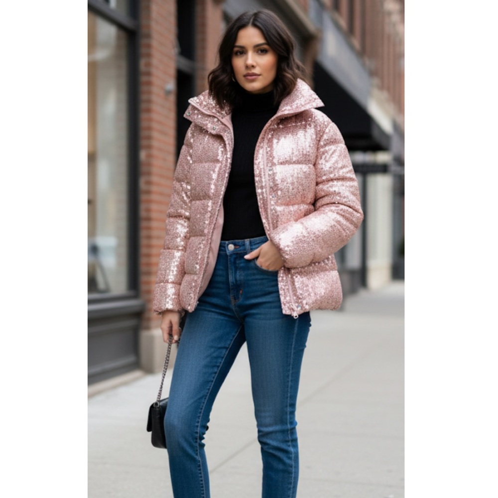 Venus Rose Gold Sequined Puffer Jacket